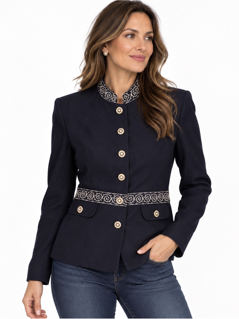 Vintage Jessica Howard Navy Blazer w/ Embroidered Scroll Trim & Concho Buttons